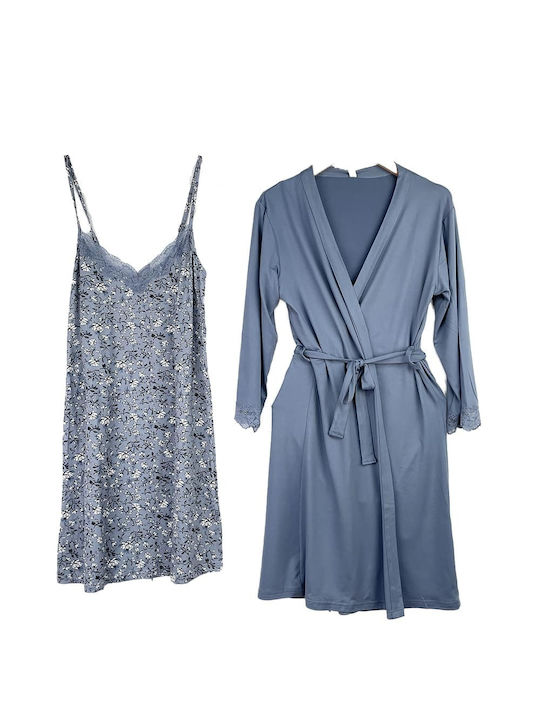 Pregnancy Set Cotton Cotton Robe Nightgown Nightdress Slim Fit Blue