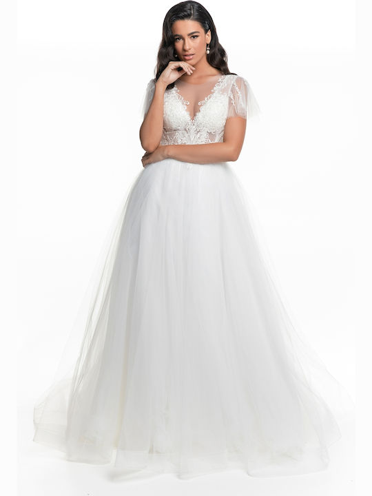 Νυφικό Φόρεμα με Τούλι & Διαφάνεια Λευκό 6608_002
