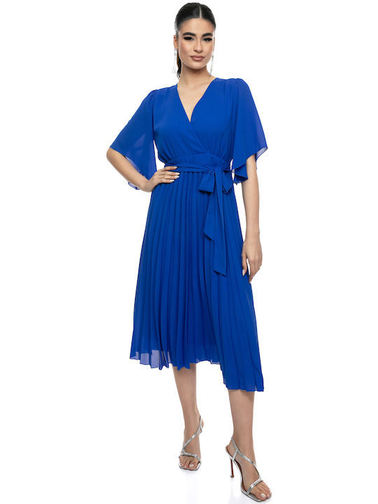 Εκλεπτυσμένο Μπλε Φόρεμα Κρουαζέ Πλισέ Μίντι Φούστα Κομψή Ζώνη
