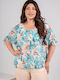 Lovesize Women's Blouse with Smile Neckline Floral Turquoise