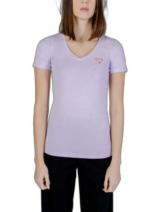 Guess Γυναικείο T-shirt με V Λαιμόκοψη Λιλά