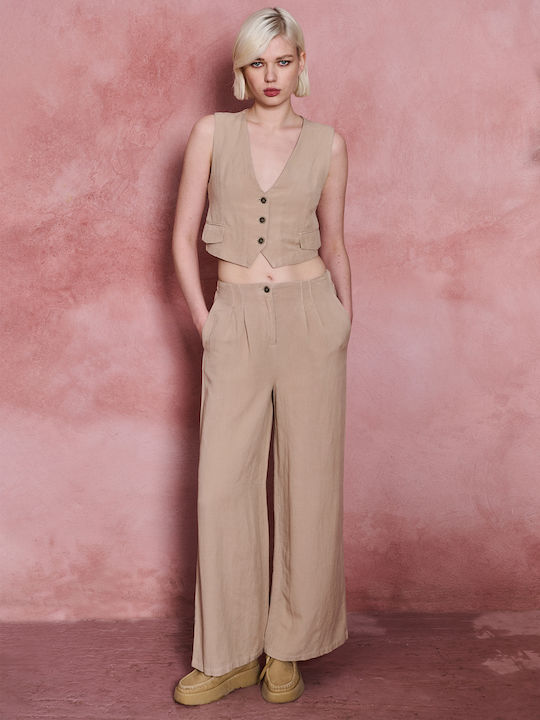 Pant Women's Fabric Trousers Regular Fit Sand