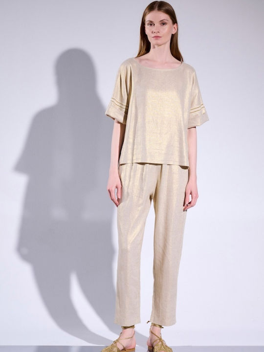 Matis Fashion Damen Hoch tailliert Leinen Hose mit Gummizug in Normaler Passform Beige