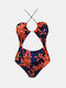 Rock Club One-Piece Swimsuit with Cutouts Floral Navy Blue