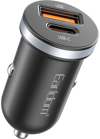 Earldom Auto-Ladegerät 30W mit Anschlüssen: 1xUSB 1xType-C inklusive Kabeltyp Type-C Schwarz Farbe