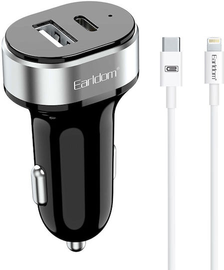 Earldom Auto-Ladegerät 2.4A Schnellladung mit Anschlüssen: 1xUSB 1xType-C mit Kabel Blitzschlag / Typ-C,TC-TC Schwarz Farbe