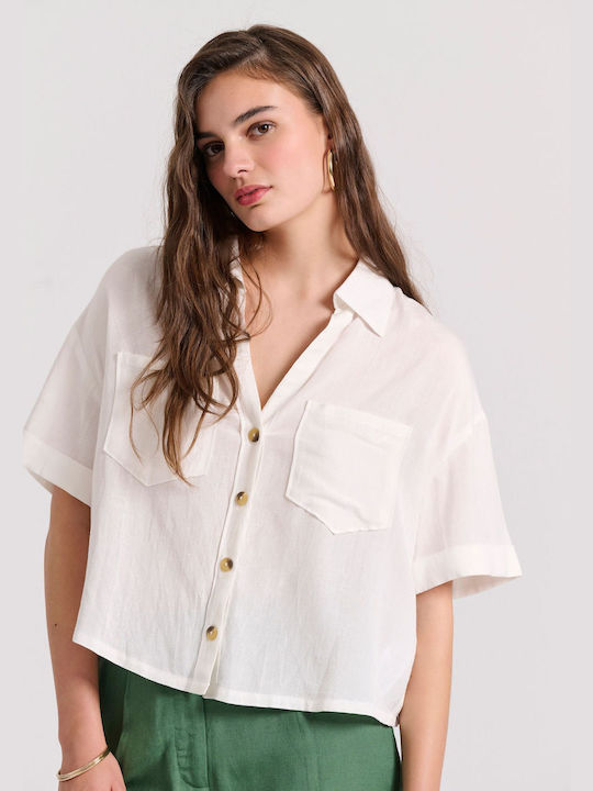 Funky Buddha Women's Linen Short Sleeve Shirt Ecru