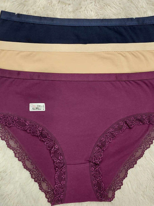 Βαμβακερά Γυναικεία Slip 3Pack με Δαντέλα Navy Blue/Beige/Purple