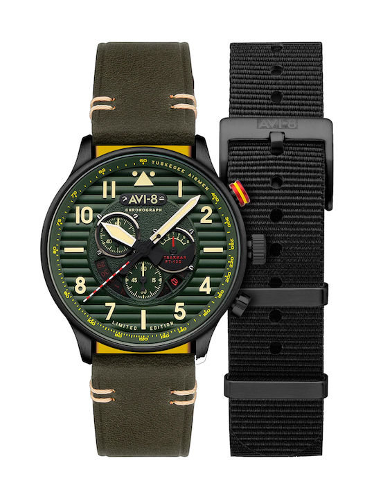 AVI-8 Flyboy Watch Chronograph Battery with Green Leather Strap