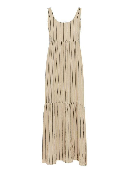 ICHI Maxi Kleid mit Rüschen Beige