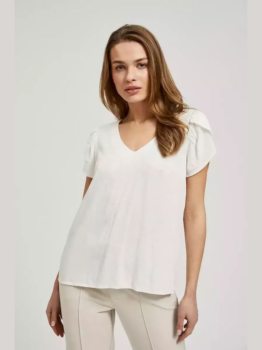 Make your image Women's Blouse Short Sleeve with V Neckline Off White