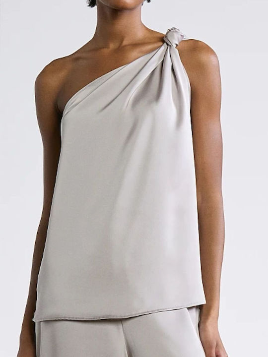 BSB Women's Blouse Satin with One Shoulder Silver