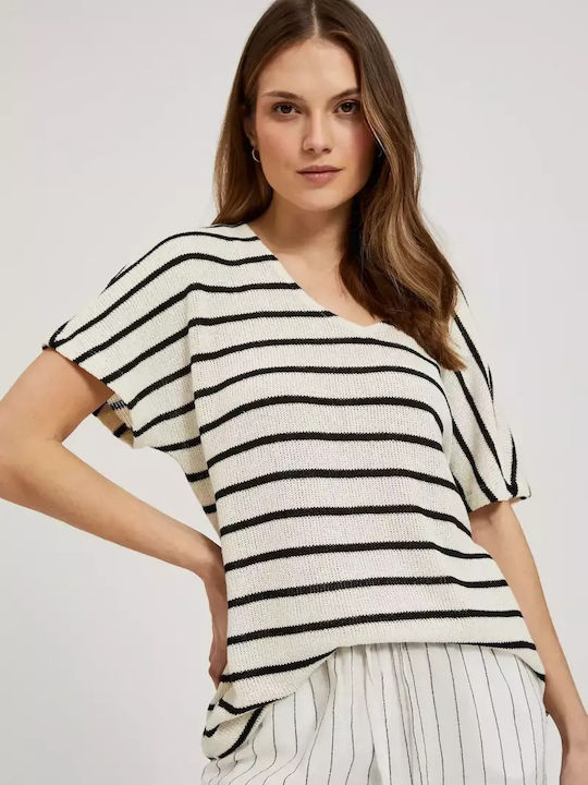 Make your image Women's Blouse Cotton Short Sleeve Striped Off White