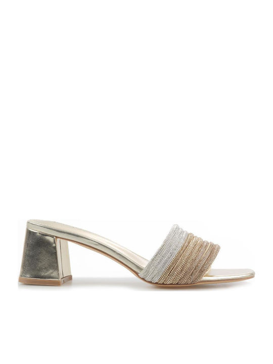 Fshoes Mules με Χοντρό Χαμηλό Τακούνι σε Χρυσό ...