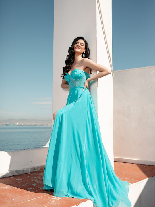 Seductive Turquoise Long Dress Shiny Bustier High Ripping