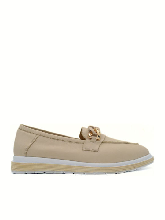 Δερμάτινα Γυναικεία Loafers σε Μπεζ Χρώμα