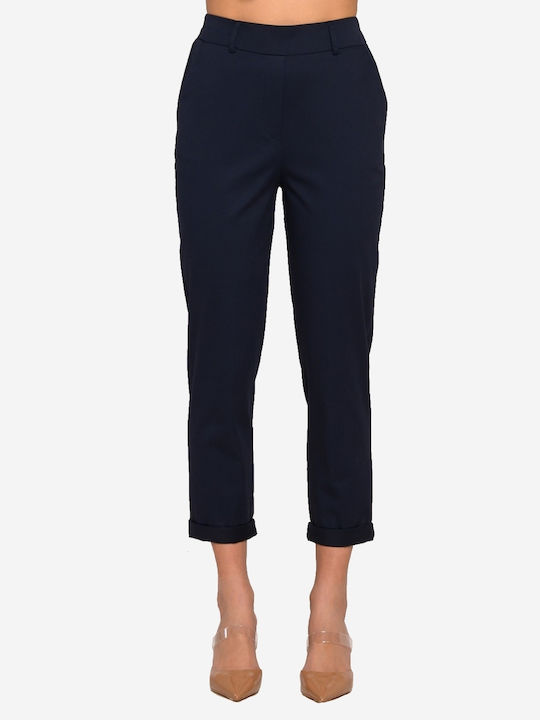 Derpouli Women's High-waisted Cotton Trousers with Elastic Blue