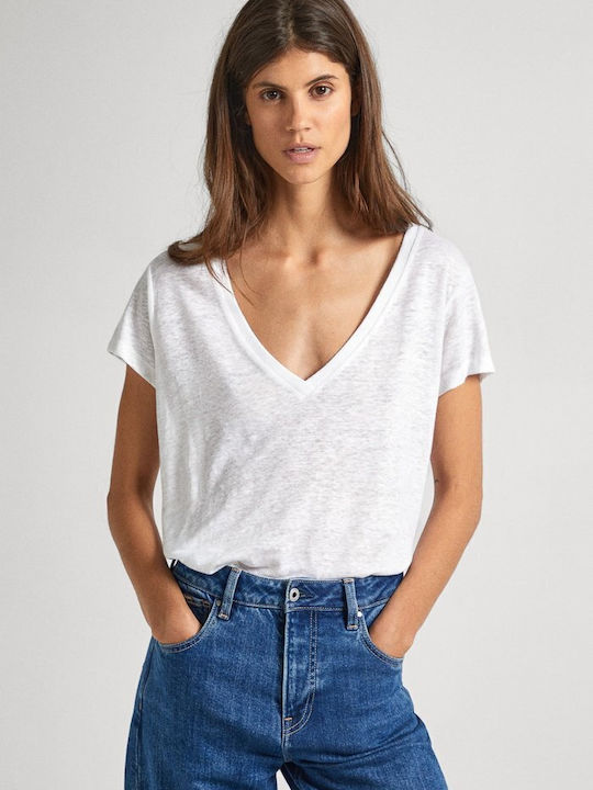 Pepe Jeans Damen T-Shirt mit V-Ausschnitt Weiß