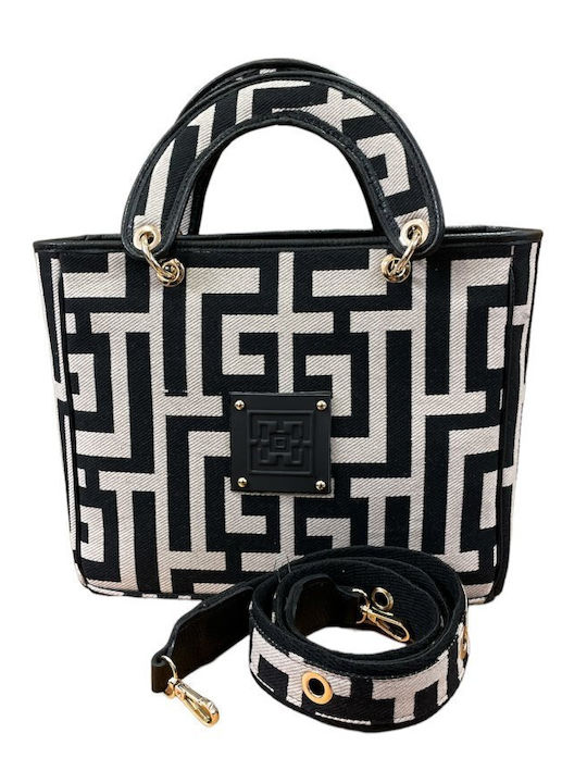 Hero Δερμάτινη Γυναικεία Τσάντα Tote Χειρός Black / Beige Labyrinth