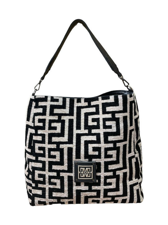 Iokasti Δερμάτινη Γυναικεία Τσάντα Ώμου Black Beige Chenille Labyrinth