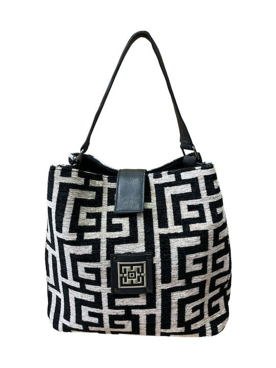 Kore Δερμάτινη Γυναικεία Τσάντα Ώμου Black Beige Chenille Labyrinth
