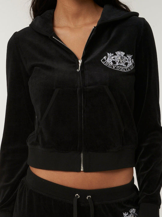 Juicy Couture Γυναικεία Ζακέτα Φούτερ Βελουτέ με Κουκούλα Μαύρη