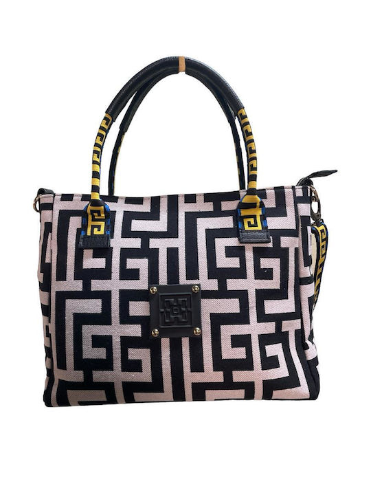 Midneto Sophia Women's Bag Tote Hand Beige Black Labyrinth