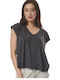 Body Action Women's Blouse Cotton Short Sleeve with V Neckline Pearl Grey