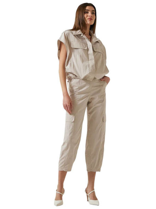 Enzzo Women's High-waisted Fabric Cargo Trousers with Elastic in Straight Line Sand