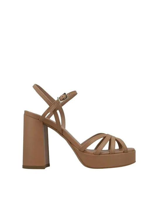 Καλογήρου Leather Women's Sandals Beige with High Heel