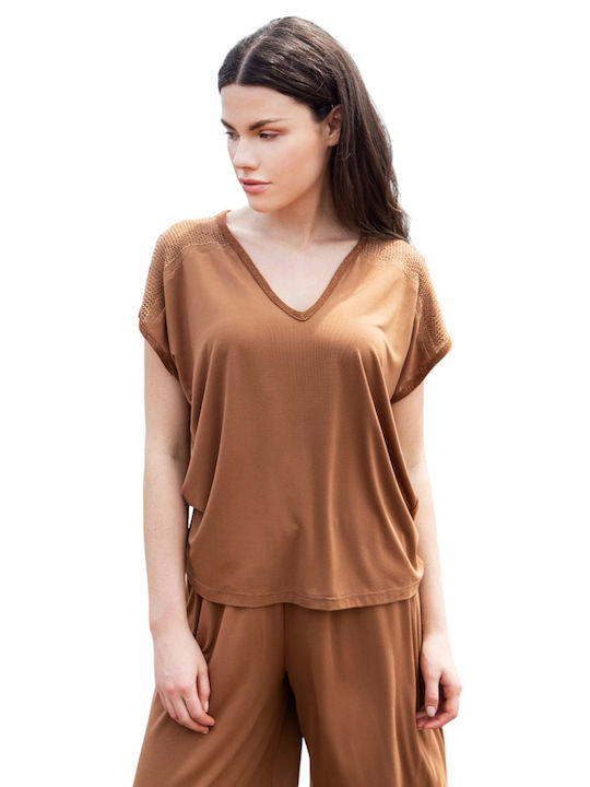 Aggel Women's Blouse with V Neckline Brown