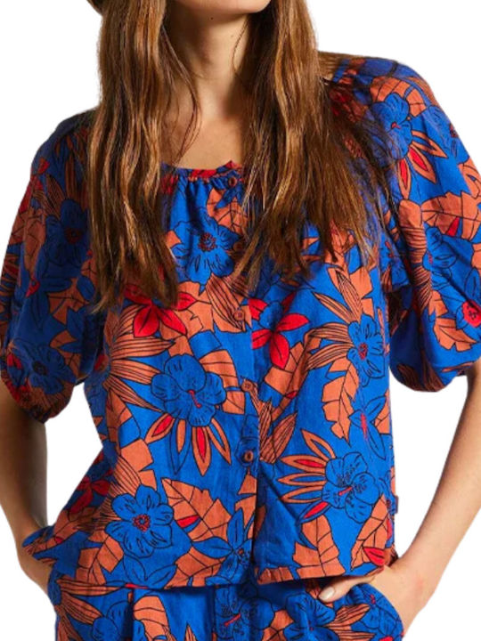 Brixton Women's Summer Blouse Linen Floral Blue