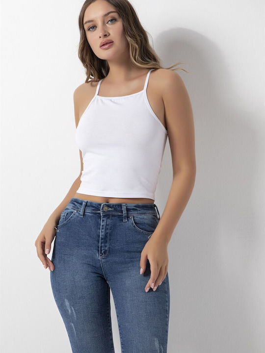 Donex Damen Sportliches Crop Top mit Trägern Weiß