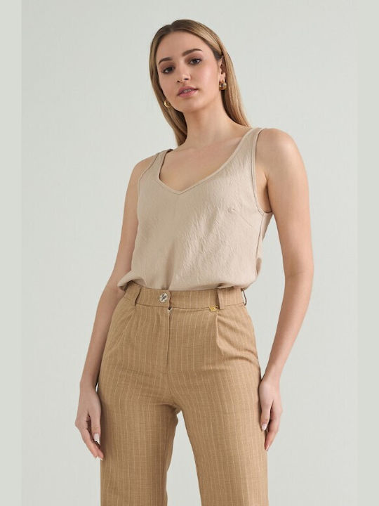 Cento Fashion Damen Bluse Ärmellos mit V-Ausschnitt Beige