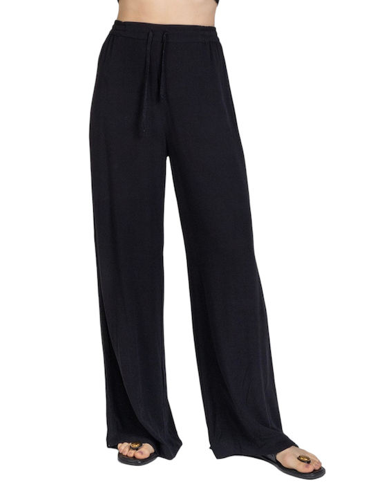 Pantaloni largi Aggel W din crep marocain tricotat Ss00023kf-1009 negru
