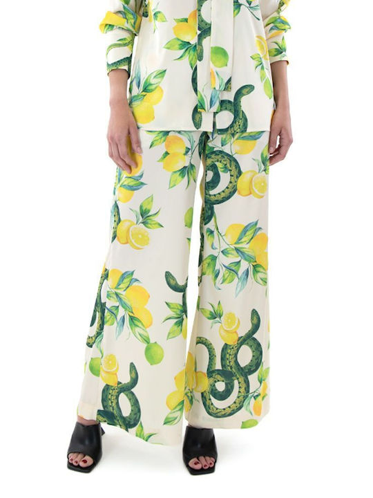 Дамски панталони с висока талия и широки крачоли с принт C.manolo за жени в цвят Ecru Yellow Green Pl24550-ecru-yellow-green