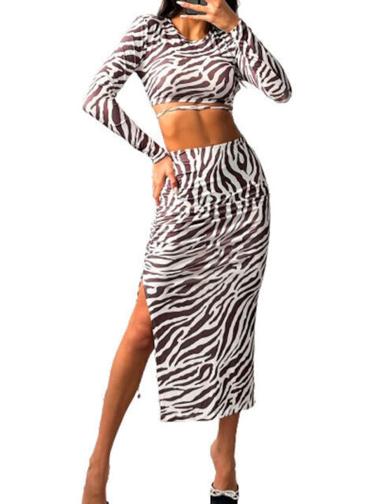 Zebra Print Top Midi Skirt Set Brown