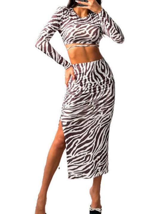 Zebra Set Top Midi Skirt Brown