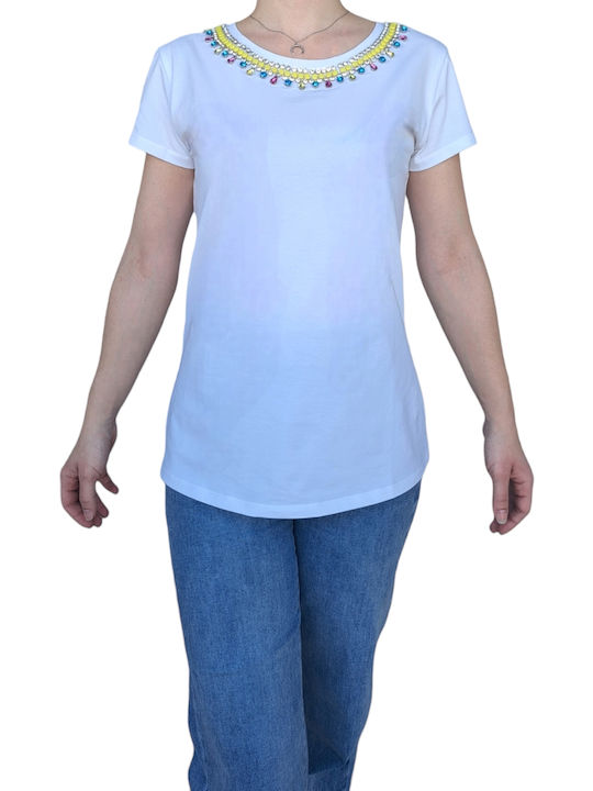 Damen T-Shirt mit dekorativen Steinen Weiß