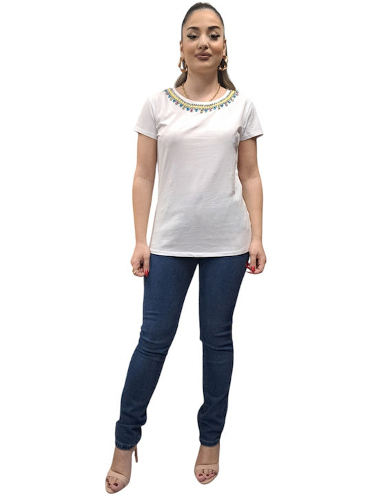 Damen T-Shirt mit dekorativen Steinen Weiß