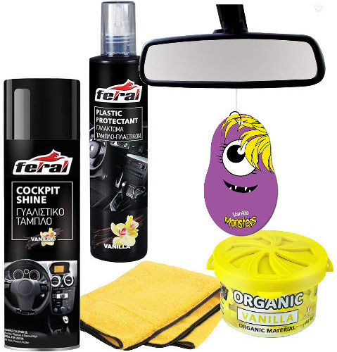 Feral 236492 Glass Polishing Set Feral 5 Pieces Dashboard Polish Vanilla 500ml Microfiber Cleaning Towel Aromatic Monsters Vanilla Microfiber Towel Aromatic Vanilla Can