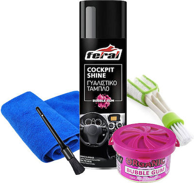 Feral 236477 Car Care Dashboard Polishing Set Feral 5 Pieces Polishing Brush Dashboard Bubble Gum Scent 500ml Microfiber Cleaning Towel Vanilla Scented Air Vent Cleaning Brush