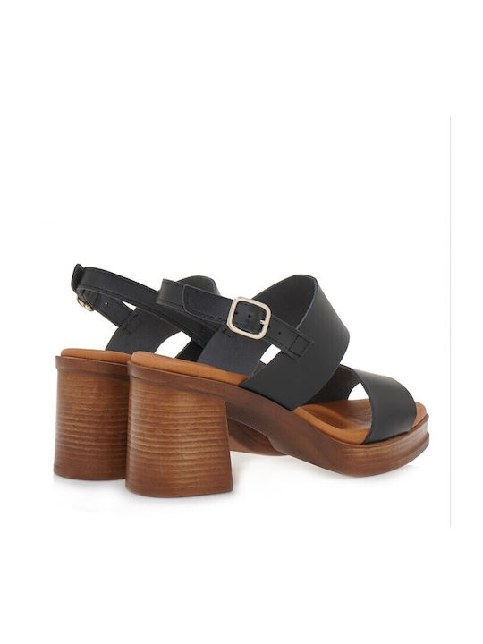 Eva Frutos Black Leather Anatomic Square Heel Sandals