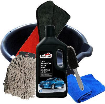 Feral 236493 Car Exterior Washing Set Feral 5 Pieces Washing Glove Washing Bucket Car Shampoo Car Wax Microfiber Detailing Towel Microfiber Cleaning Towel Special Glass Wheel Brush