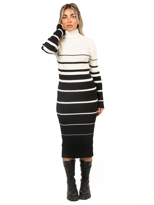 Knitted Ribbed Striped Black Dress