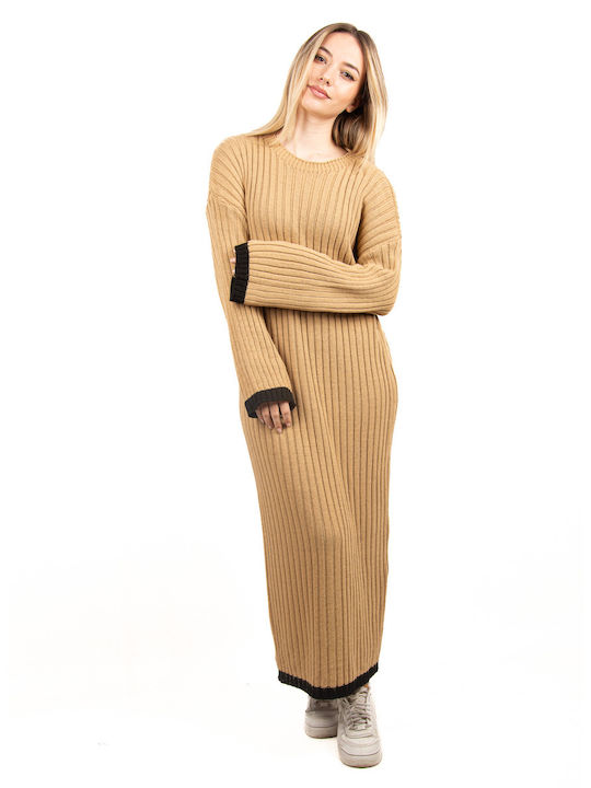 Rochie supradimensionată din tricot cu nervuri de culoare camel