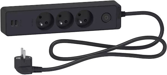 Schneider Electric Πολύπριζο 3 Θέσεων με 2 USB-A και Καλώδιο 1.5m