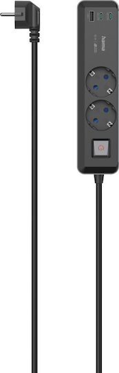 HAMA Захранваща лента 2 Позиции с 1 USB-A, 2 USB-C и Кабел 1.4м Черен