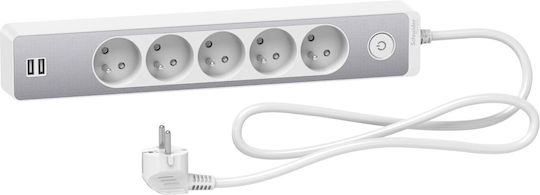 Schneider Electric Πολύπριζο 5 Θέσεων με 2 USB-A και Καλώδιο 1.5m Ασημί