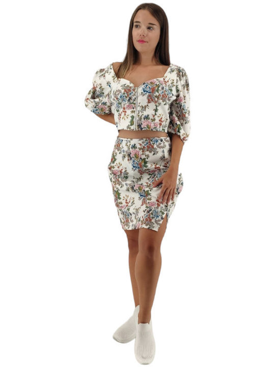 Set Top Rock Satin Blumen Weiß